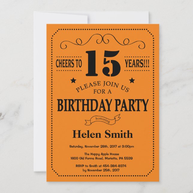 15th Birthday Invitation Black and Orange (Front)