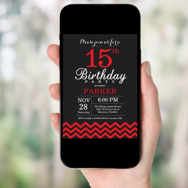 15th Birthday Invitation Black and Red (Front Digital)