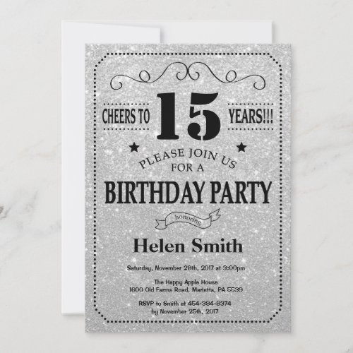 15th Birthday Invitation Black and Silver Glitter