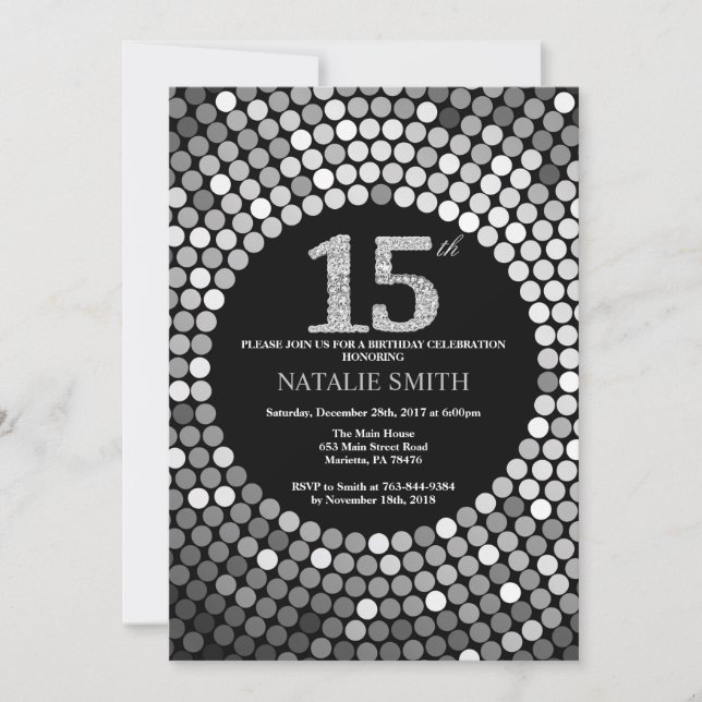 15th Birthday Invitation Black and Silver Glitter (Front)