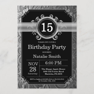 15th Birthday Invitation Black and Silver Glitter