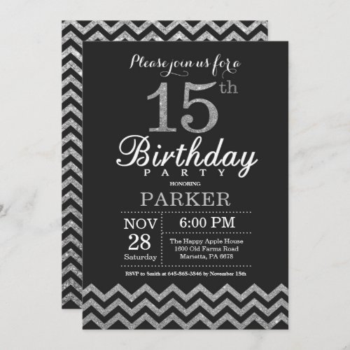 15th Birthday Invitation Black and Silver Glitter