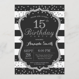 15th Birthday Invitation. Black and Silver Glitter Invitation