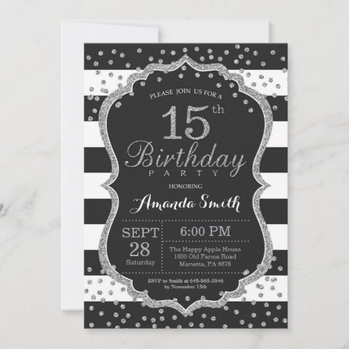 15th Birthday Invitation Black and Silver Glitter Invitation