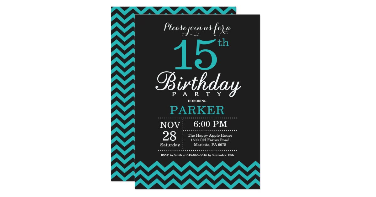 15th-birthday-invitation-black-and-teal-zazzle