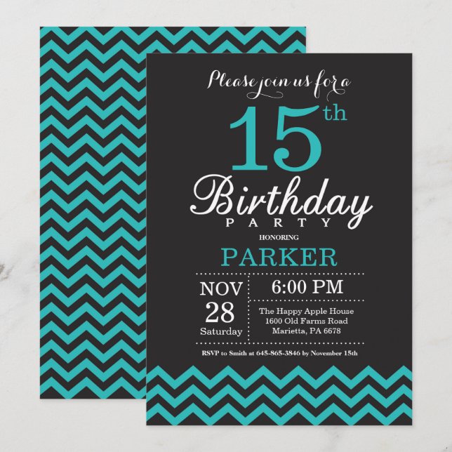 15th Birthday Invitation Black and Teal (Front/Back)