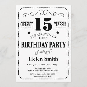 15th Birthday Invitation Black and White