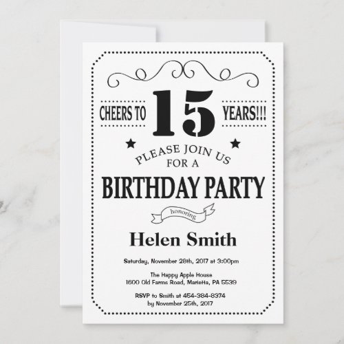 15th Birthday Invitation Black and White