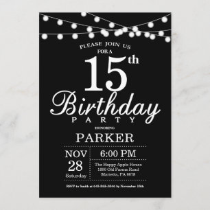 15th Birthday Invitation Black and White