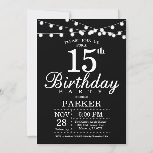 15th Birthday Invitation Black and White