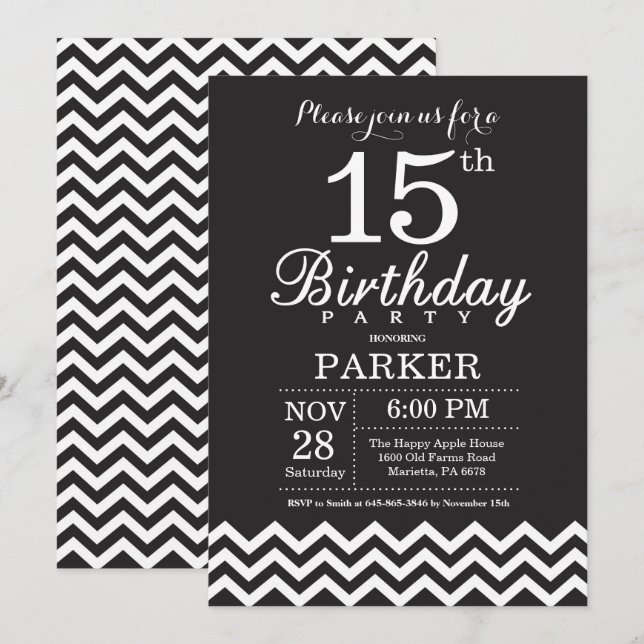 15th Birthday Invitation Black and White Chevron (Front/Back)
