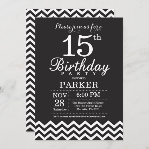 15th Birthday Invitation Black and White Chevron