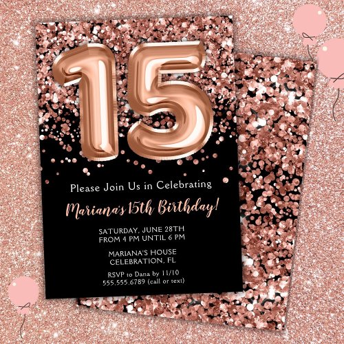 15th Birthday Invitation Black Rose Gold Glitter