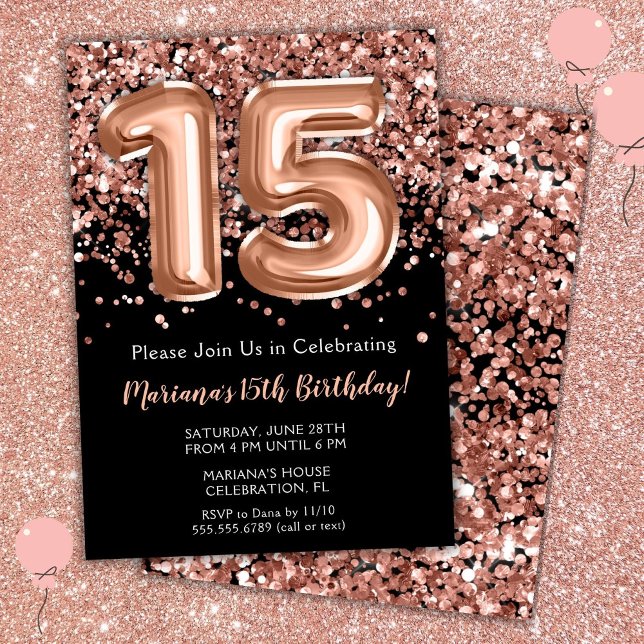 15th Birthday Invitation Black Rose Gold Glitter (Creator Uploaded)