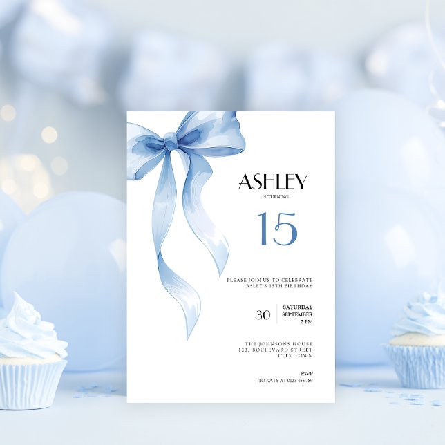 15th Birthday Invitation Blue Bow for Teen Girls (Blue bow coquette 15th birthday invitation for girls)