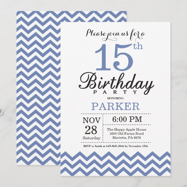 15th Birthday Invitation Blue Chevron (Front/Back)