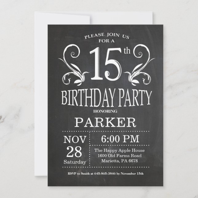 15th Birthday Invitation Chalkboard Floral (Front)