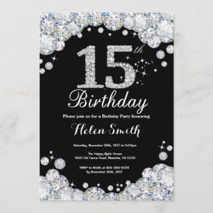 15th Birthday Invitation Chalkboard Silver Diamond