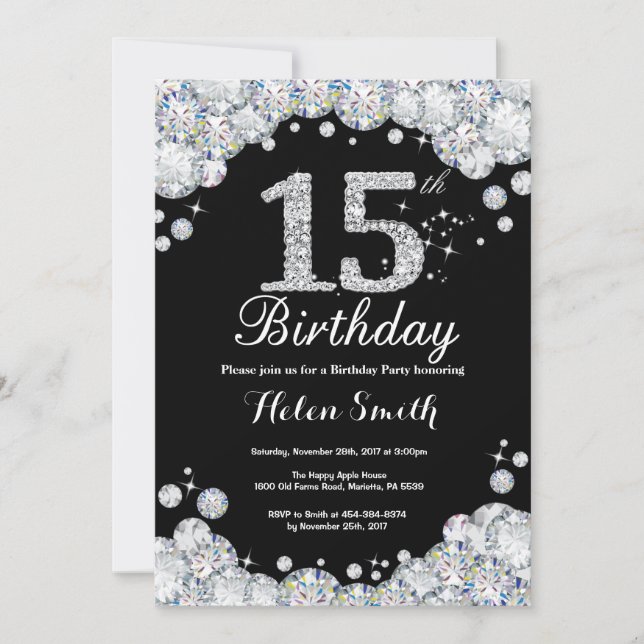 15th Birthday Invitation Chalkboard Silver Diamond (Front)