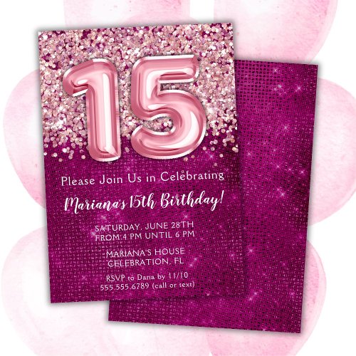 15th Birthday Invitation Girl Magenta Pink Glitter