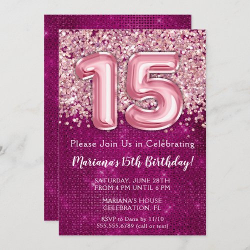 15th Birthday Invitation Girl Magenta Pink Glitter
