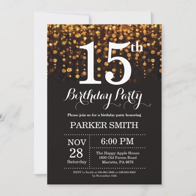 15th Birthday Invitation Gold Glitter (Front)