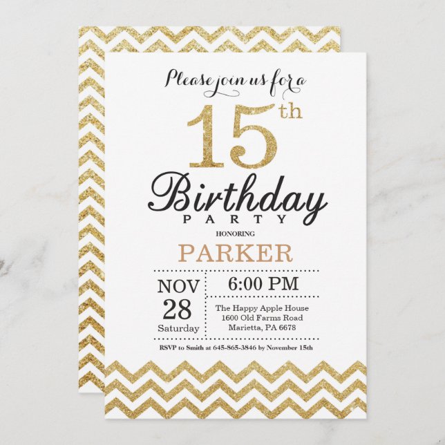 15th Birthday Invitation Gold Glitter (Front/Back)