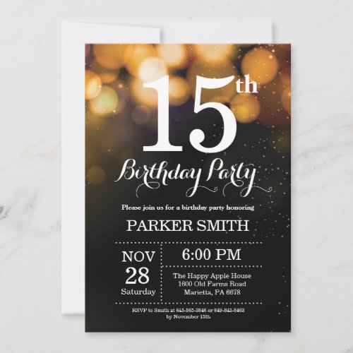 15th Birthday Invitation Gold Glitter