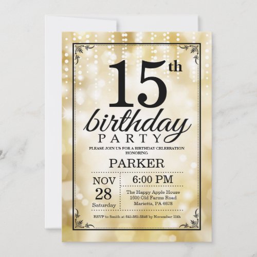 15th Birthday Invitation Gold Glitter