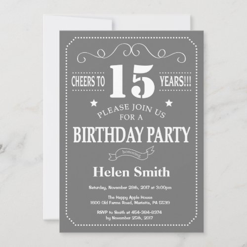 15th Birthday Invitation Gray and White