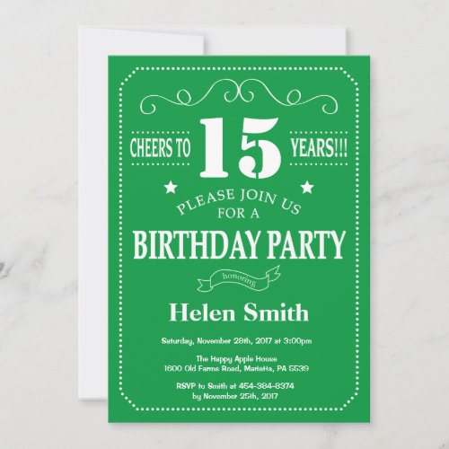 15th Birthday Invitation Green and White