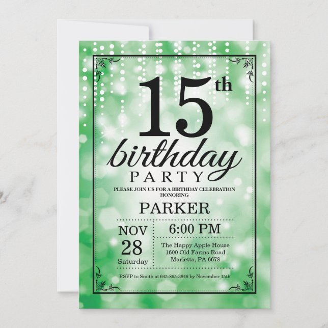 15th Birthday Invitation Green Glitter (Front)