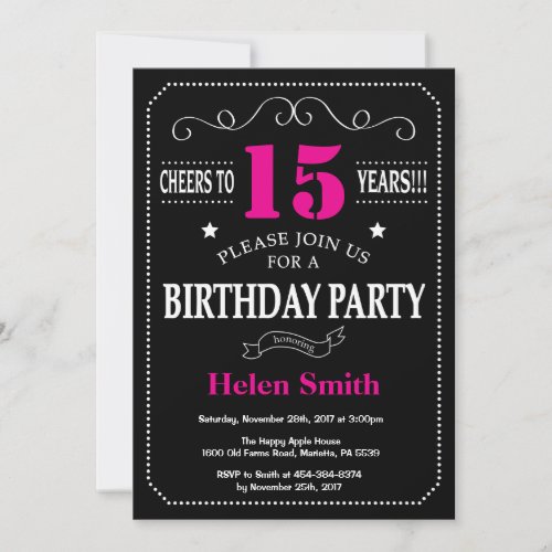 15th Birthday Invitation Hot Pink Black Chalkboard