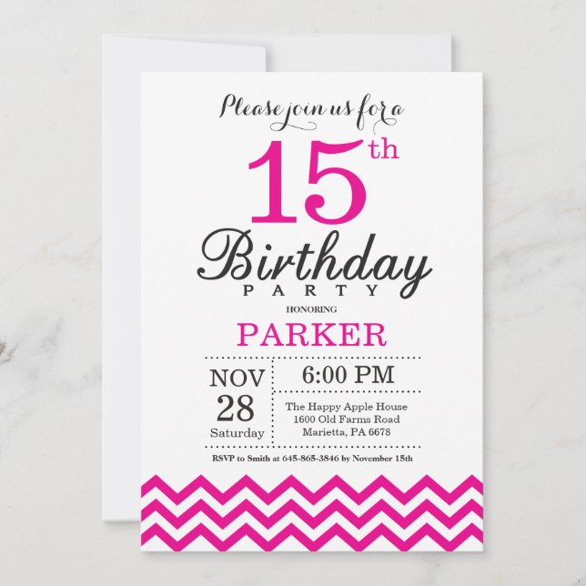 15th Birthday Invitation Hot Pink Chevron (Front)