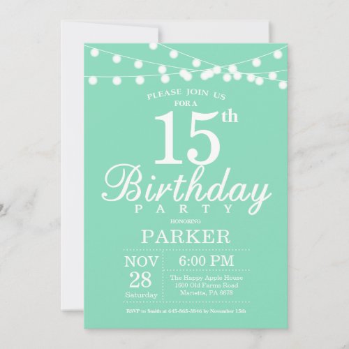 15th Birthday Invitation Mint Green