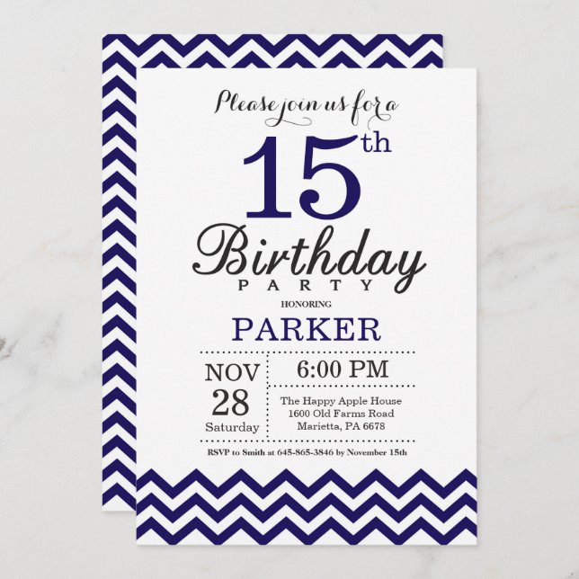 15th Birthday Invitation Navy Blue Chevron (Front/Back)