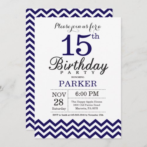 15th Birthday Invitation Navy Blue Chevron