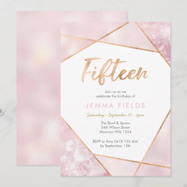 15th Birthday Invitation pink and gold (Front/Back)