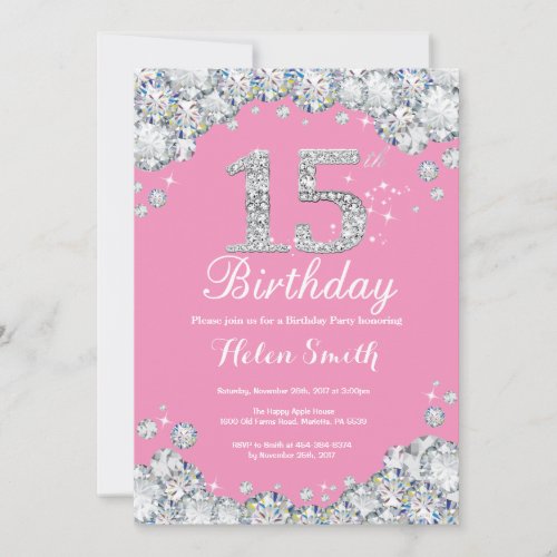 15th Birthday Invitation Pink and Silver Diamond