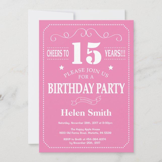 15th Birthday Invitation Pink and White (Front)