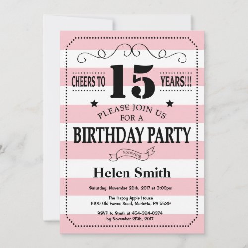 15th Birthday Invitation Pink and White Stripes