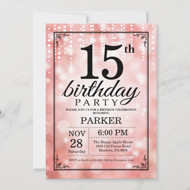 15th Birthday Invitation Pink Glitter (Front)