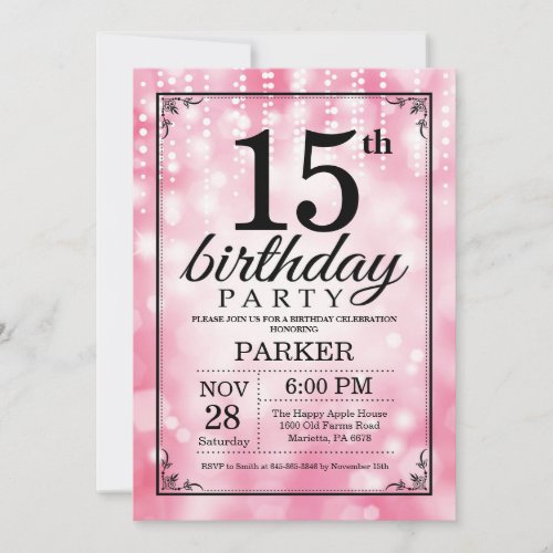 15th Birthday Invitation Pink Glitter