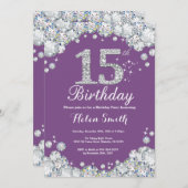 15th Birthday Invitation Purple and Silver Diamond (Front/Back)