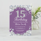 15th Birthday Invitation Purple and Silver Diamond (Standing Front)