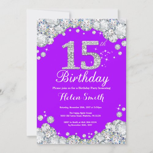 15th Birthday Invitation Purple and Silver Diamond