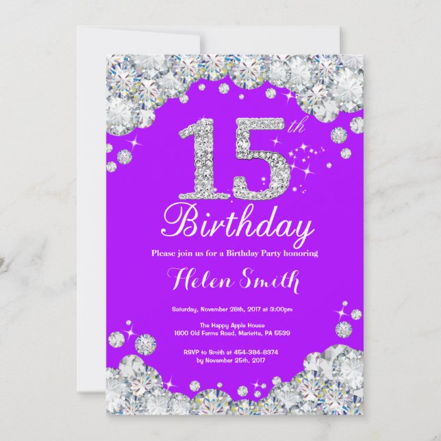 15th Birthday Invitation Purple and Silver Diamond (Front)