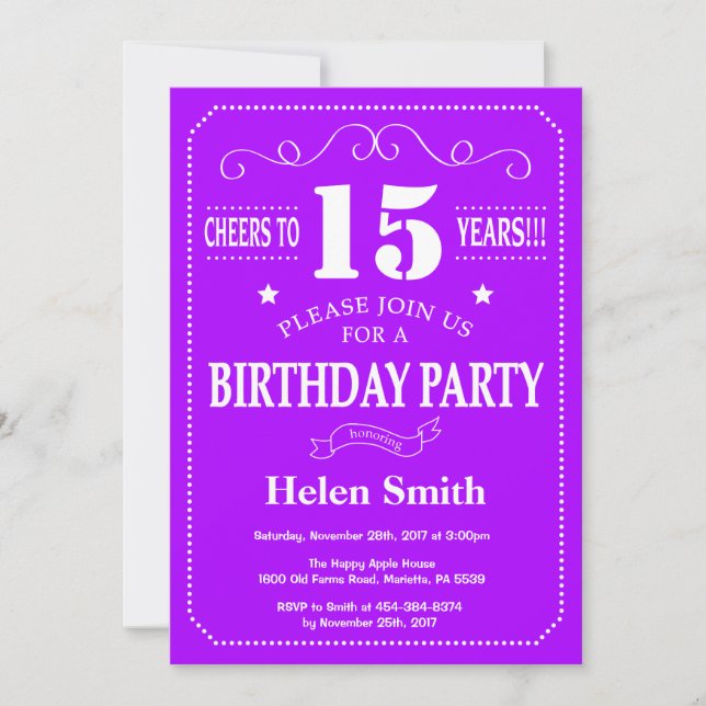 15th Birthday Invitation Purple and White (Front)