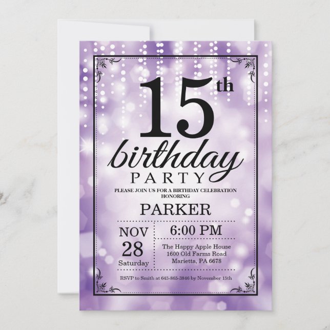 15th Birthday Invitation Purple Glitter (Front)