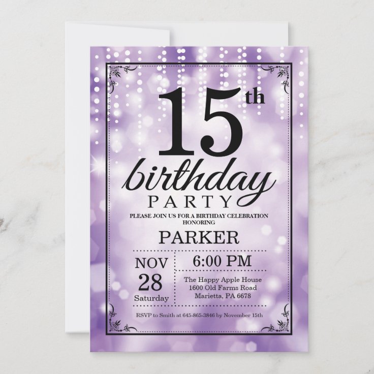 15th Birthday Invitation Purple Glitter | Zazzle